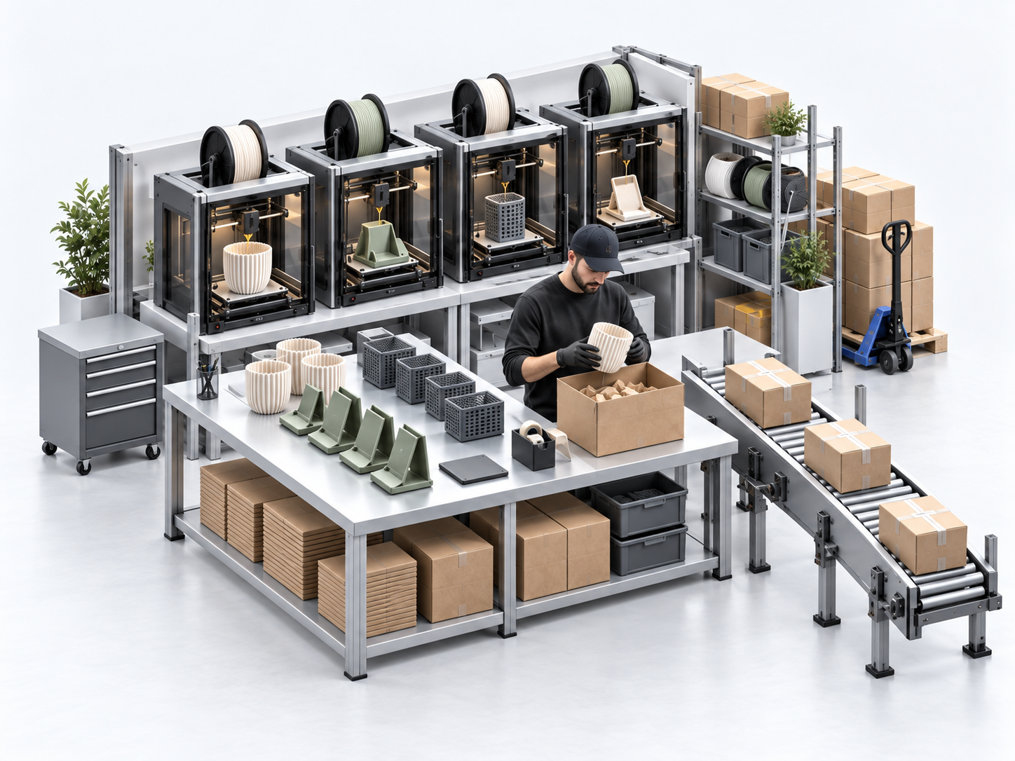 ExtruWerk print-on-demand production, quality control and packing operation