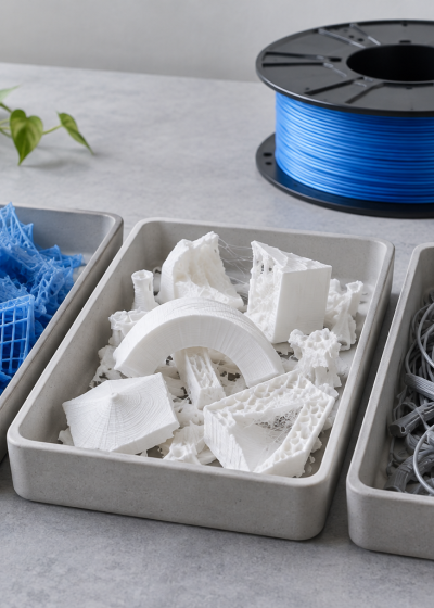 Concept illustration of separated print scraps and filament for the planned 2027 material recovery workflow