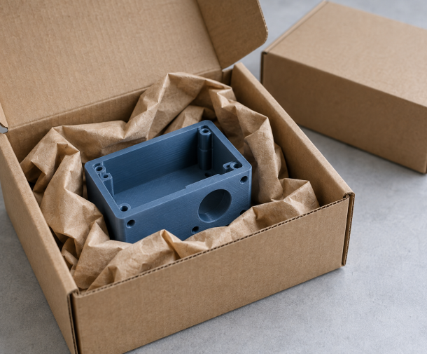 Illustration of a 3D printed part protected by paper filling in a kraft cardboard box