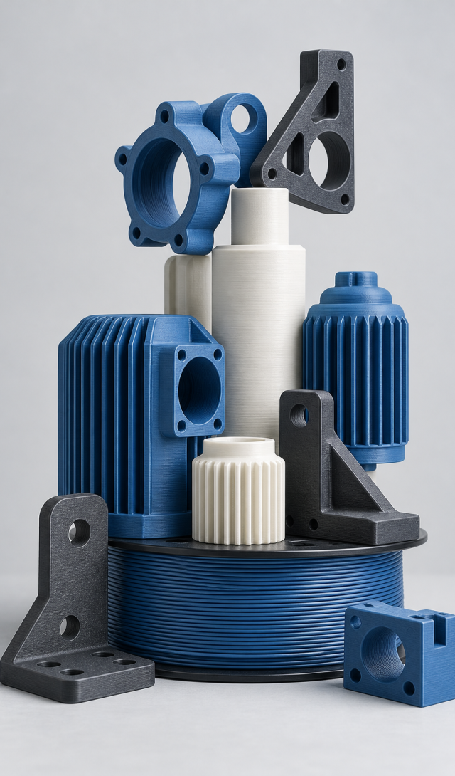 Illustrative arrangement of FDM printed parts and filament in blue, white and charcoal