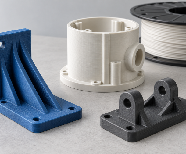 Illustrative FDM printed functional parts showing fine layer lines and considered geometry